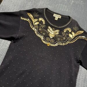 Victoria Woman Black Sequin Beaded Sweater 2X Gold Vintage Ramie Cotton Party